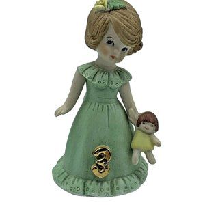 Vintage Enesco Growing Up Girls 3rd Birthday Green Dress 1982 Figurine